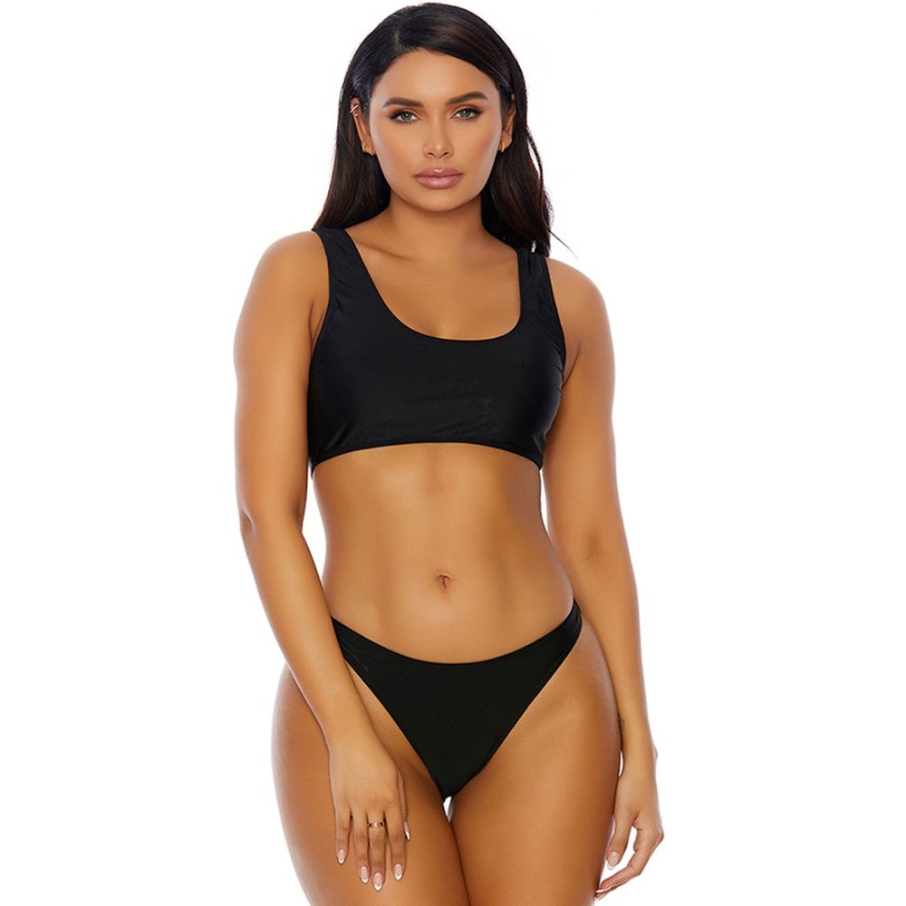 Sporty Bikini Set Tank Top and High Cut Bottoms - Black